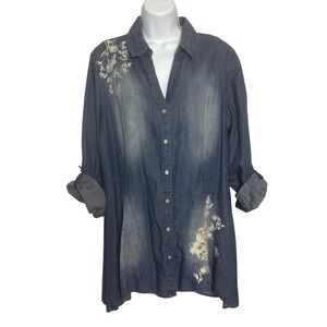 Vintage‎ America Women XL Chambray Denim Shirt Western Embroidered Scarlett